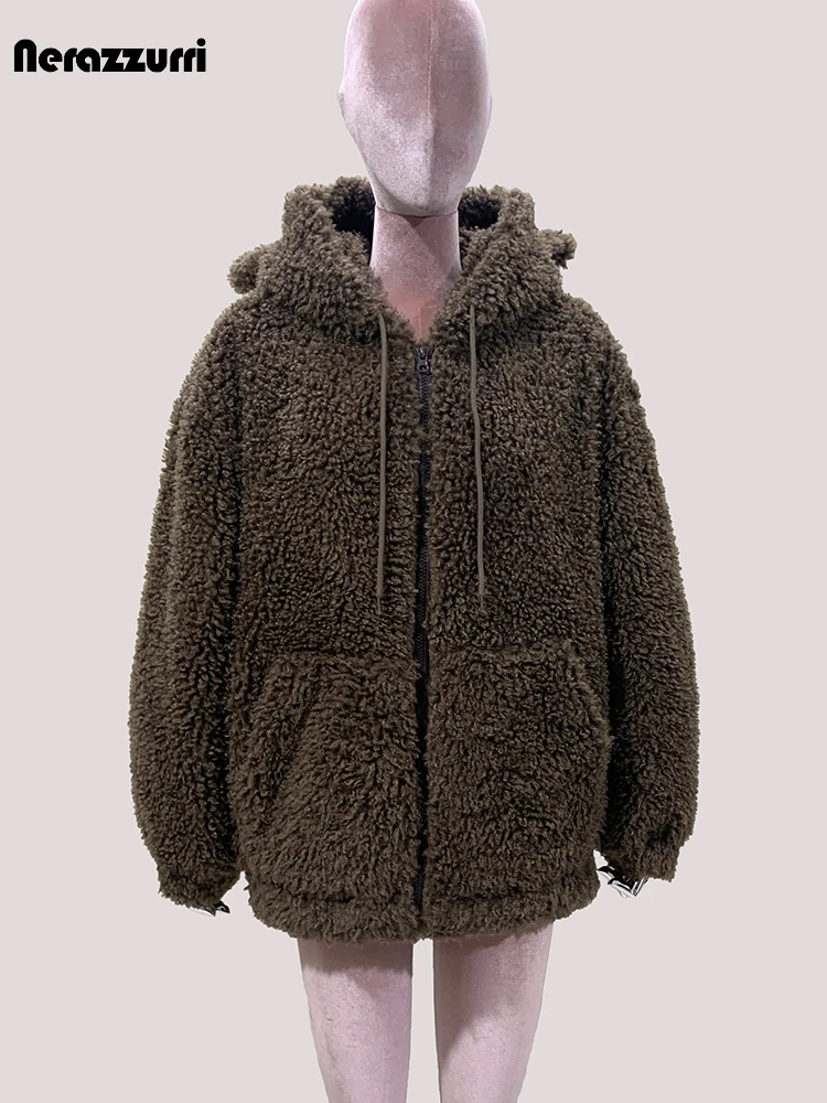 Mauroicardi Autumn Winter Brown Warm Soft Faux Fur Coat Hoodie with Bear Ears Sweet Cute Luxury Designer Clothes Fluffy Jacket