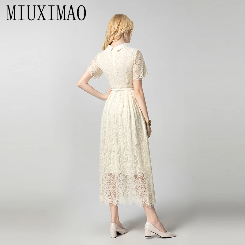 MIUXIMAO 2025 Summer Elegant Beach Dress Women's O-Neck Short sleeve Lace Slim Long Dress Women Vestides With Belt