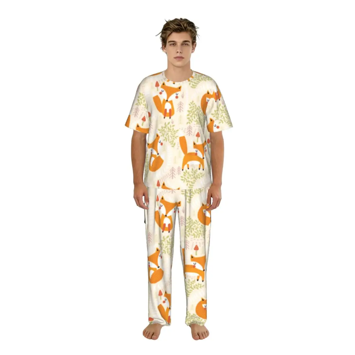 

Мужской пижамный комплект с милым принтом лисы, с коротким рукавом, для весны и лета, домашняя одежда для сна, мужская ночная одежда