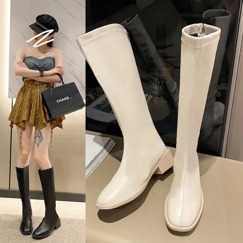 

Toe Long Single Boots for Women White High Leg Boot Slimming Knight Boots Below the Knee Spring and Autumn New Fashion Casual