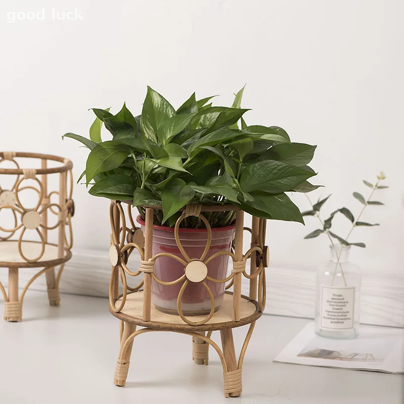 Hollow Flower Stand Hand-woven Imitation Rattan Plant Tripod Stand Pastoral Flower Baskets Stand Balcony Planter With Wooden Leg