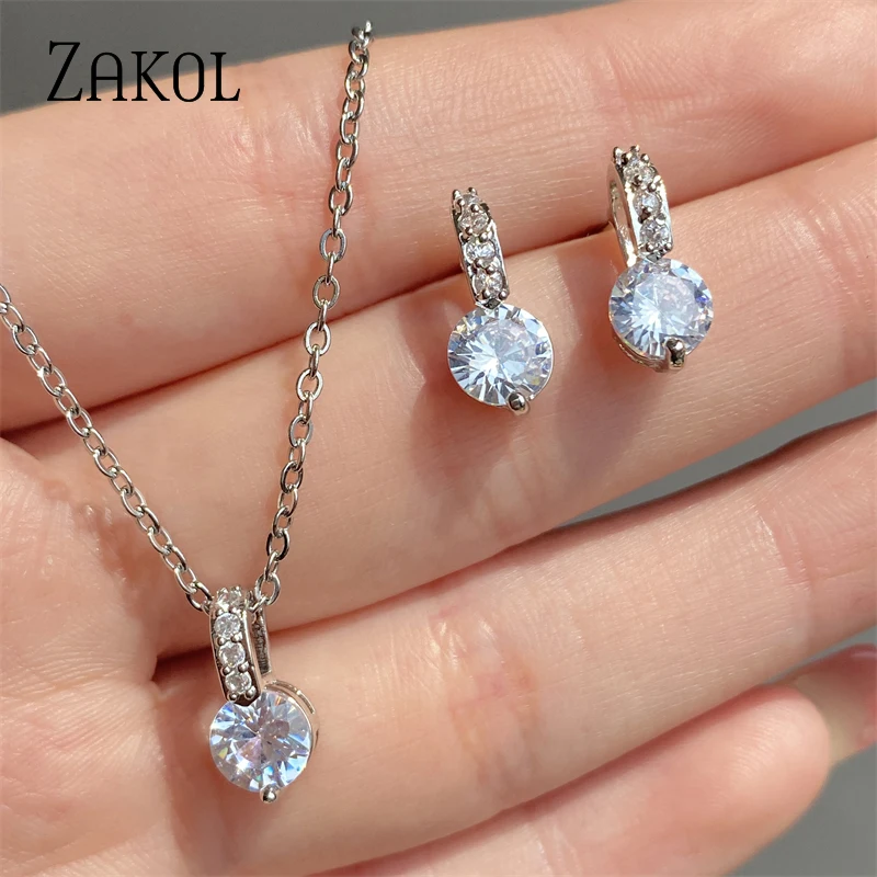 Elegant Bridal Wedding Jewelry Sets Female Round Clear Crystal Zirconia Pendant Necklace Earrings Party Jewellery for Women