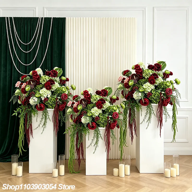Weinrote und grüne Hortensien-Hängegirlande Luxuriöser Hochzeitshintergrund Blumenarrangement Gang-Bodentisch-Mittelstück Ball-Party-Dekoration – Detail 2