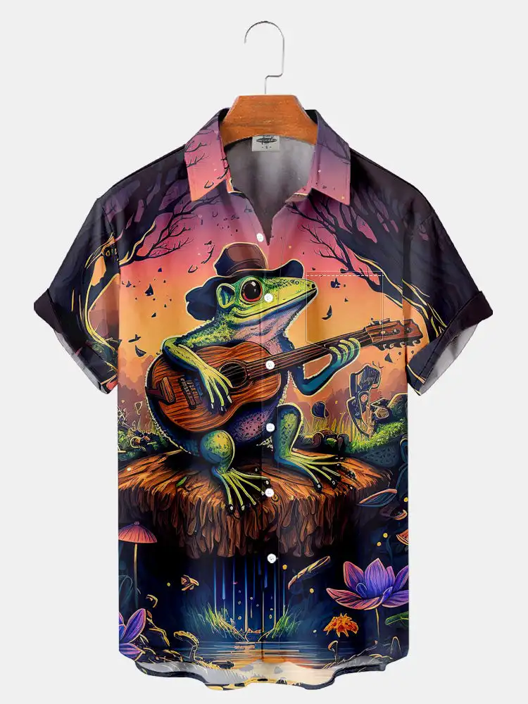 2026 New Ukiyoe Frog Print Men's Shirt Summer Lapel Shirt Men's Casual Single-Breasted Short-Sleeved Top Men's Fashion Shirt