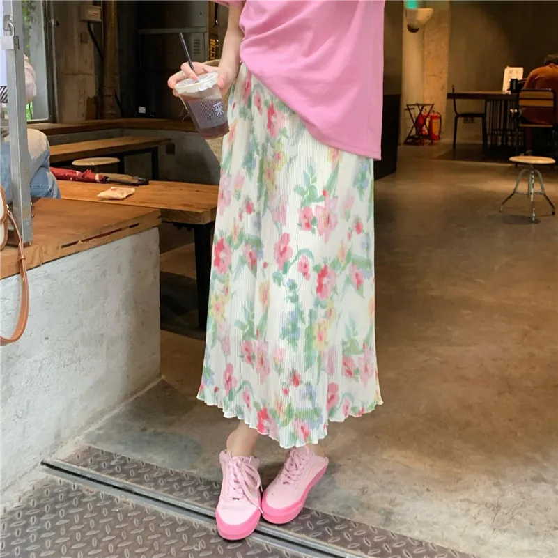 Spring Chiffon Medium Length Fashion Sweet French Print Slim Elastic Waist Skirts Thin Elegant Vintage Beach Style Vestidos
