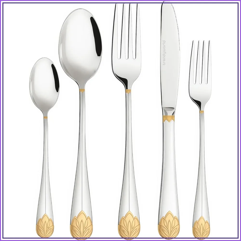 

30-Piece Silverware Set for 6 – Flatware Set with Gold Accents – Includes Spoons, Knives, Forks, Salad Forks