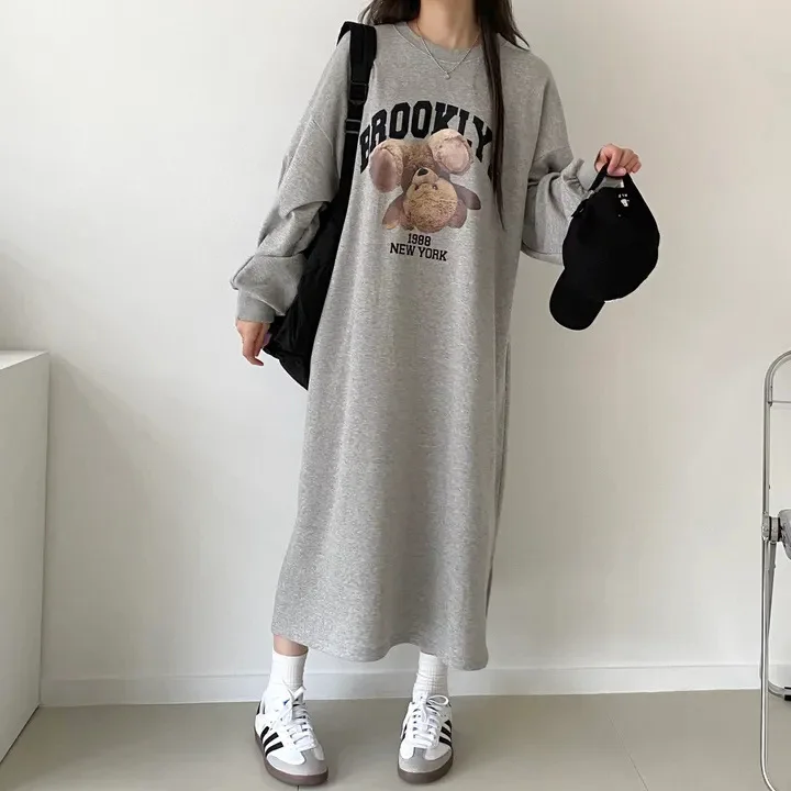 Japanisches Herbst-Winter-Frühlings-Langarm-Dünnes Kleid Damen Fleece-Oberteil Mittellanger Trendiger Rock Übergröße Lässiges Langes Kleid – Detail 11