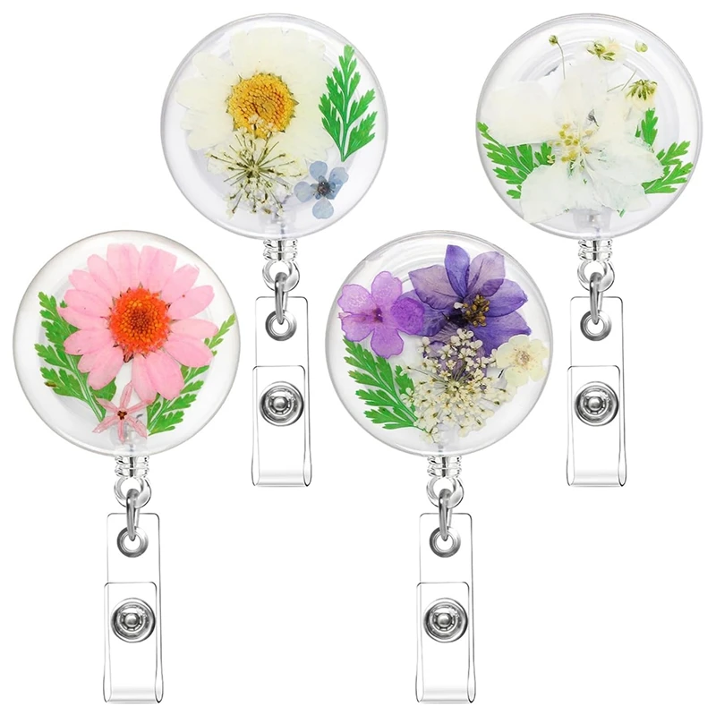 

Flower Badge Reel, 4PCS Convenient Badge Reels Retractable, Nurse Badge Reel, Handmade Dried Flower Resin Badge Reel