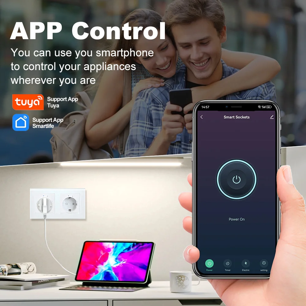 16A Tuya Wifi Smart Dual Socket EU with Power Monitor Function Smart Life App Remote Control Outlet Works with Alexa Google Home