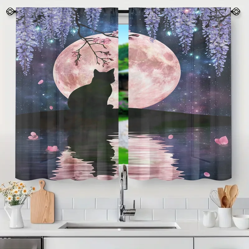 Celestial Full Moon Night Sky Curtains Aesthetic Cat Silhouette Cosmic Galaxy Window Curtain Shower Curtain Decoration Panel