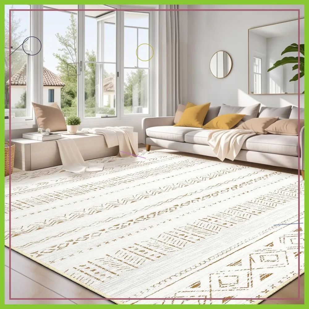 

8x10 Washable Area Rug Living Room Non Slip Boho Carpet Indoor Large Soft Stain Resistant Lightweight Home Decor Beige