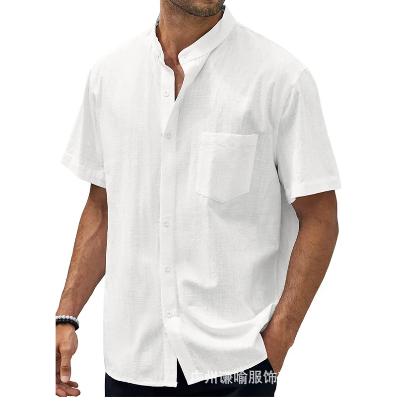 Camiseta masculina de manga curta de algodão e linho, Henry Collar, roupa casual masculina, nova, verão