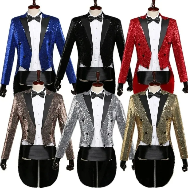 

KIDWHXR Men Blazer Set Patchwork Sequin Long Sleeve Bow Tailcoat Male Turn Down Collar Man Slim Stage Party Man Two-piece Outfit