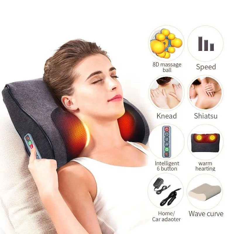 New 6 Button Portable Electric Heated Neck Massager Shoulder Waist Back Therapy Pain Kneading Shiatsu Massage Pillow