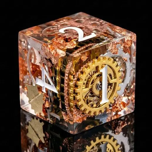 Steampunk Gear Resin D6 Dice Transparent Copper Gold Gear Inlaid Polyhedral Dice For Tabletop Role Playing Games Board Games DND