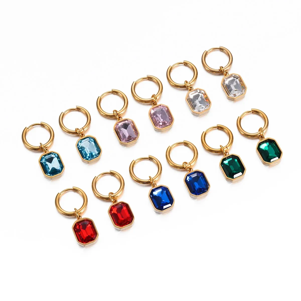 Stainless Steel Square Crystal Glass Drop Hoop Earrings Fashion Women\'s Water Proof Earrings  6 Colors