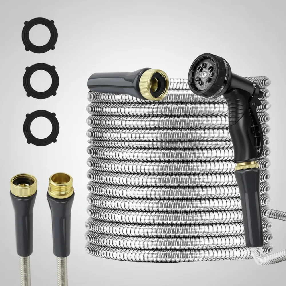

75ft Heavy Duty Stainless Steel Garden Hose with 10-Function Nozzle for Outdoor Yard Watering