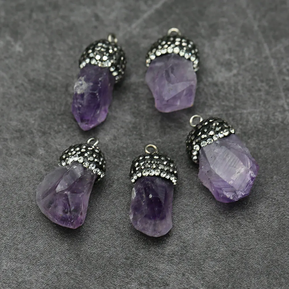 APDGG 5Pcs Natural Purple Amethyst Quartz Rough Nugget CZ Paved Pendant Charms For Necklace Earrings Jewelry Making DIY