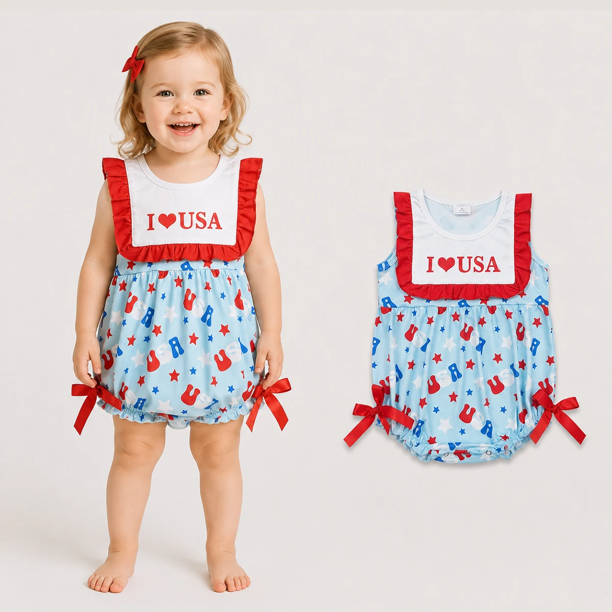Newborn Baby Girl Sleeveless I Love USA Stars 4th of July Ruffle Romper Boy Clothes Bubbles Kids Children Clothing Wholesale