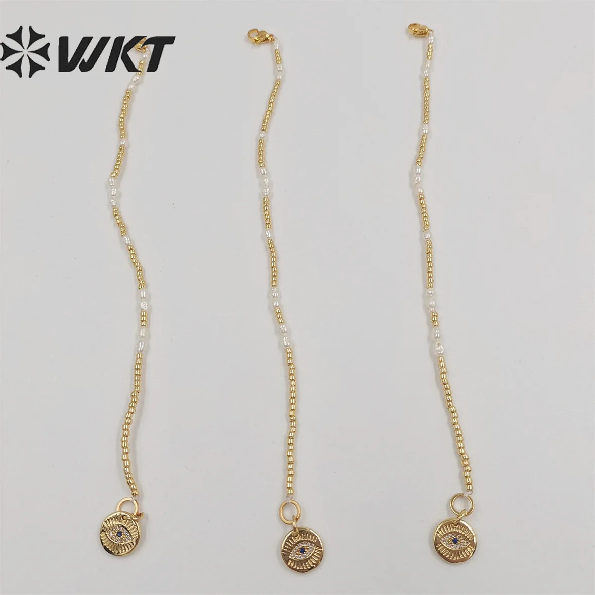 WT-MPB058 WKT Fashion Tiny Beads Flexible Bracelet Micropave Evil Eye With Gold Plated Chain For Women Bangle Jewelry Gift