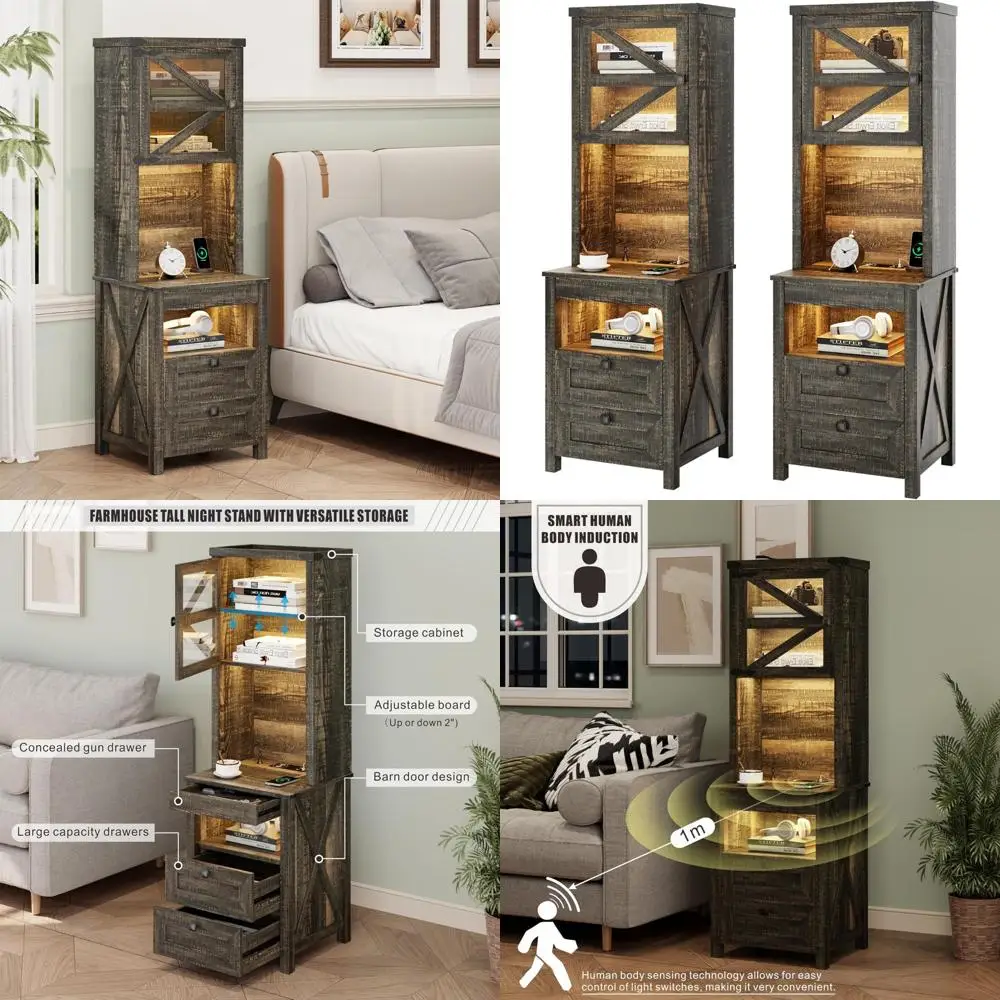 classic high nightstand with charging port, bedside storage table with removable shelves and hidden gun compartment