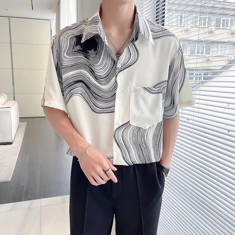 

Мужская свободная футболка из ледяного шелка с эффектом драпировки, тонкая ткань, абстрактный принт, летняя коллекция...