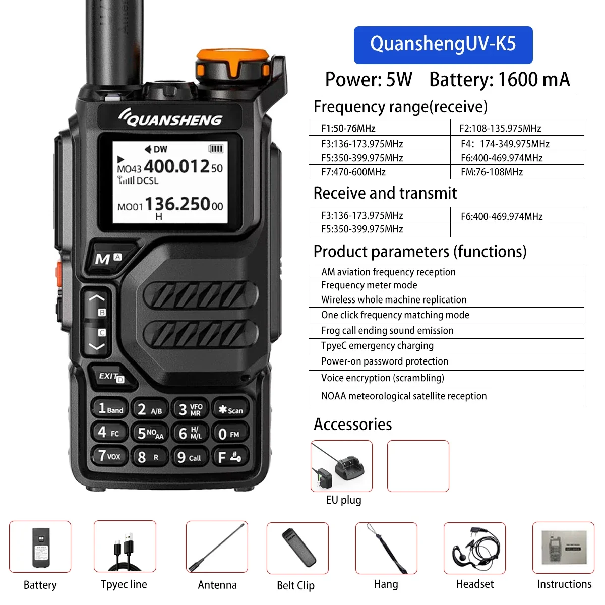 Quansheng UVK5 Walkie-talkie Long-distance Professional Civil Outdoor Go on Road Trip UV Multi-frequency Full-length Hand-held