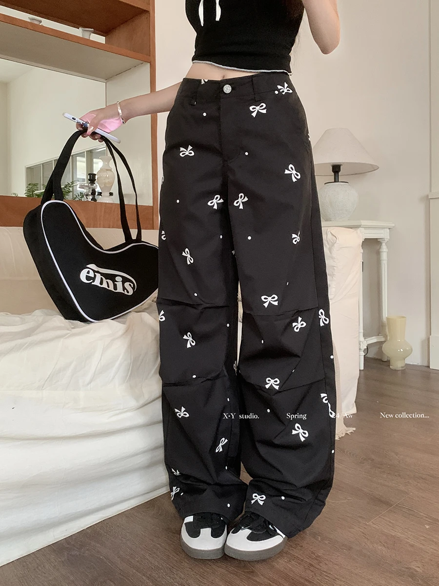 

Benuynffy Bow Polka Dot Printed Cargo Pants Women's Korean Fashion Y2k Streetwear Loose Straight Wide Leg Trousers For Women