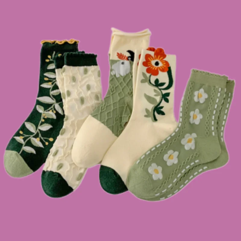 

3/6 Pairs 2024 New Spring And Summer Mid-tube Socks Retro College Style Forest Three-dimensional Flower Breathable Women's Socks