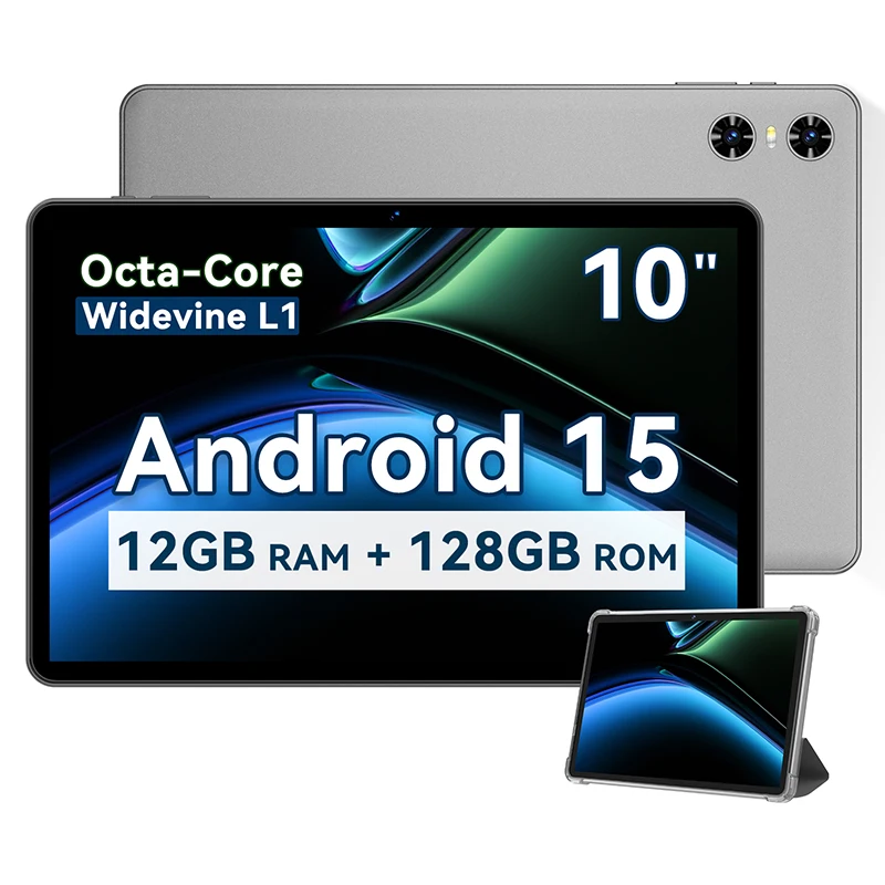 Tablet SVITOO Android 15 2025 de 10.1 Pulgadas, Unisoc T606, 12GB RAM, 128GB ROM, Batería de 6000mAh, WiFi 5, BT 5.0, GPS, Widevine L1, con Funda