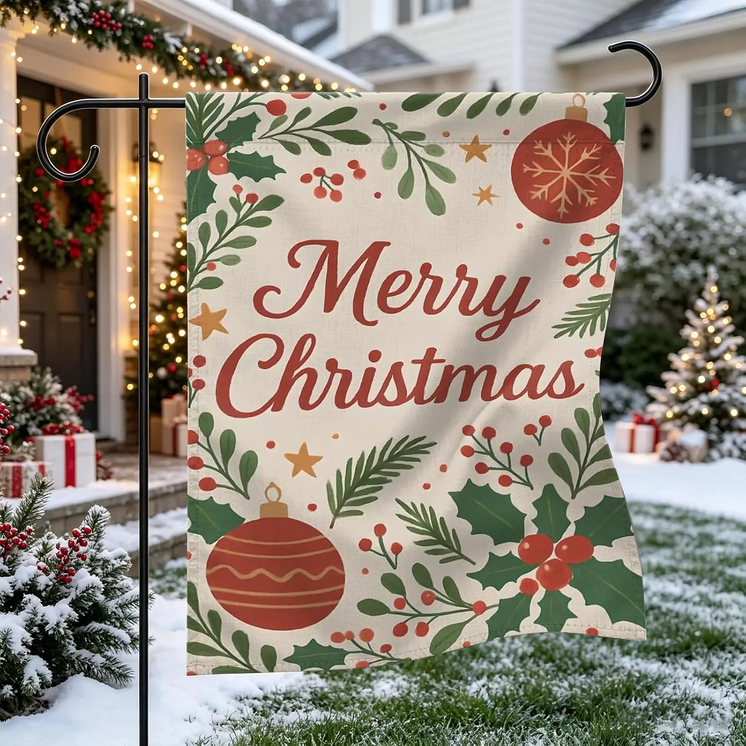 Christmas Garden Flag 12×18 Inch Holly Berry Double Sided Linen Yard Flag yyi