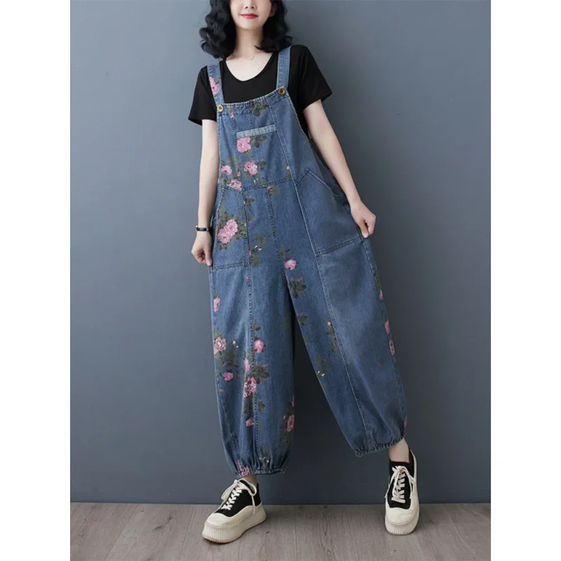 2025 New Arrival Fashion Spring Vintage Floral Printed Denim Jumpsuit For Woman Multiple Pockets Jeans Female Overalls Cowboy