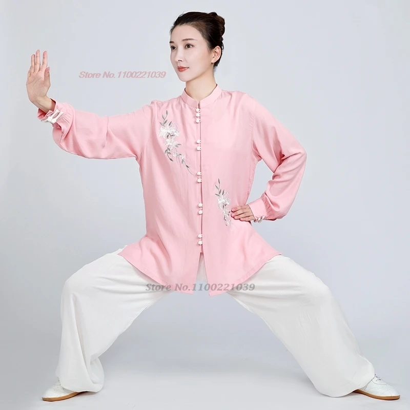 

2025 chinese kung fu tai chi martial arts set cotton linen taiji wushu wing chun flower embroidery uniform stage performance