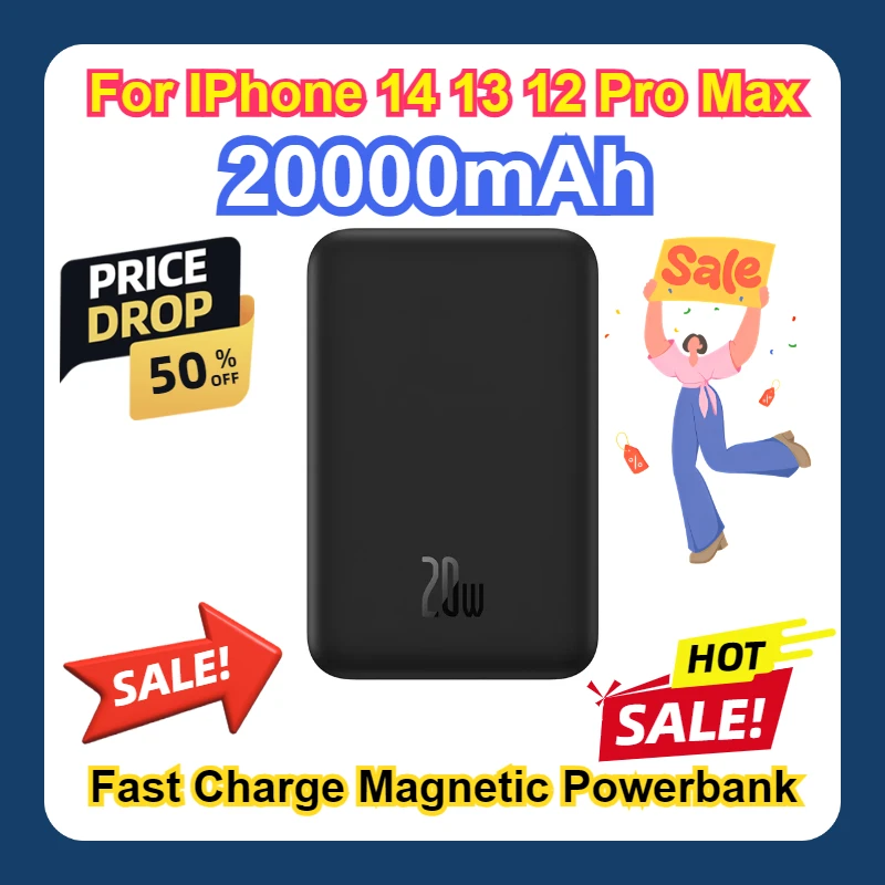 For IPhone 14 13 12 Pro Max Wireless Fast Charge Powerbank Magnetic Power Bank 20000mAh External Battery Pack