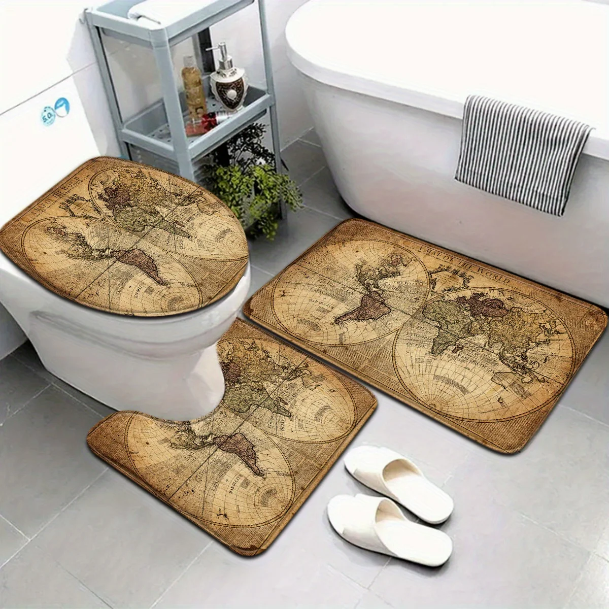 3pcs Retro Map Bathroom Mat Set  Earth & Plane Design, Non-Slip U-Shaped Mat, Toilet Seat Cover & Floor Pad, Vintage Brown Style
