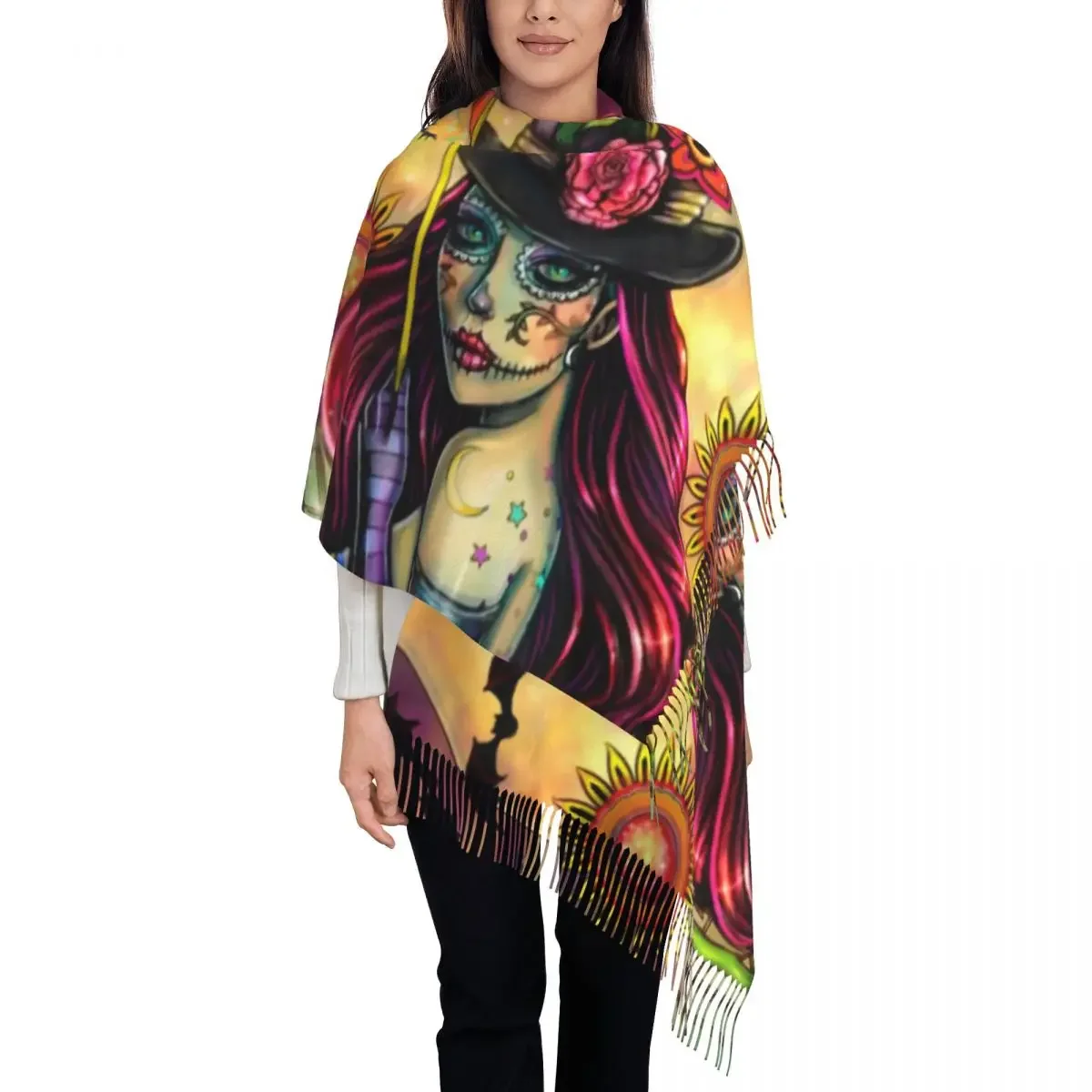 

Женский шарф с изображением девушки в виде забавного черепа