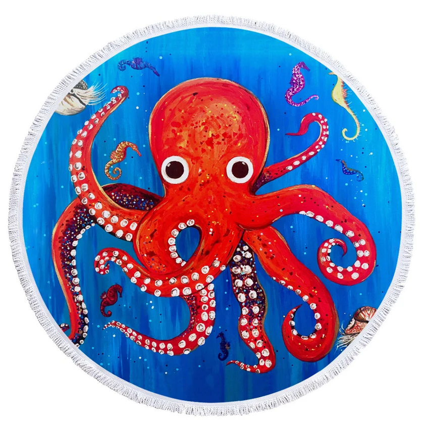 Summer Round Beach Towels Undersea Octopus Circle Bath Shower Towel With Drawstring Storage Bag Yoga Mat Blanket