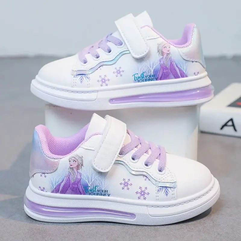 Disney spring and autumn new girls casual shoes Elsa princess students soft sole white shoes waterproof leather sneakers