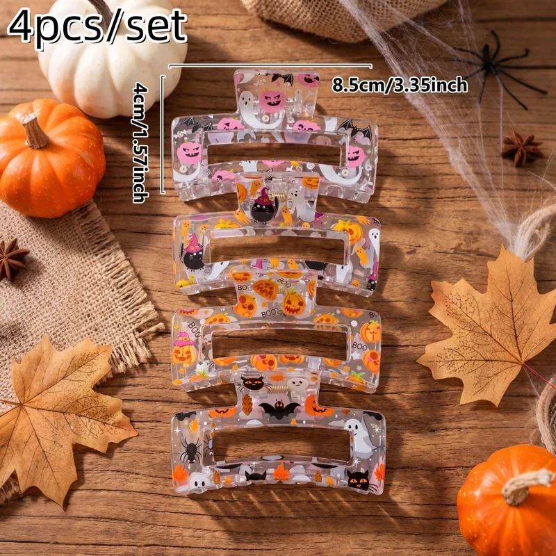 4pcs/set Halloween Hair Claw Clips Transparent Acrylic Pumpkin Ghost Black Cat Bat Large Hollow Hair Jaw Clip Party Gift view 6