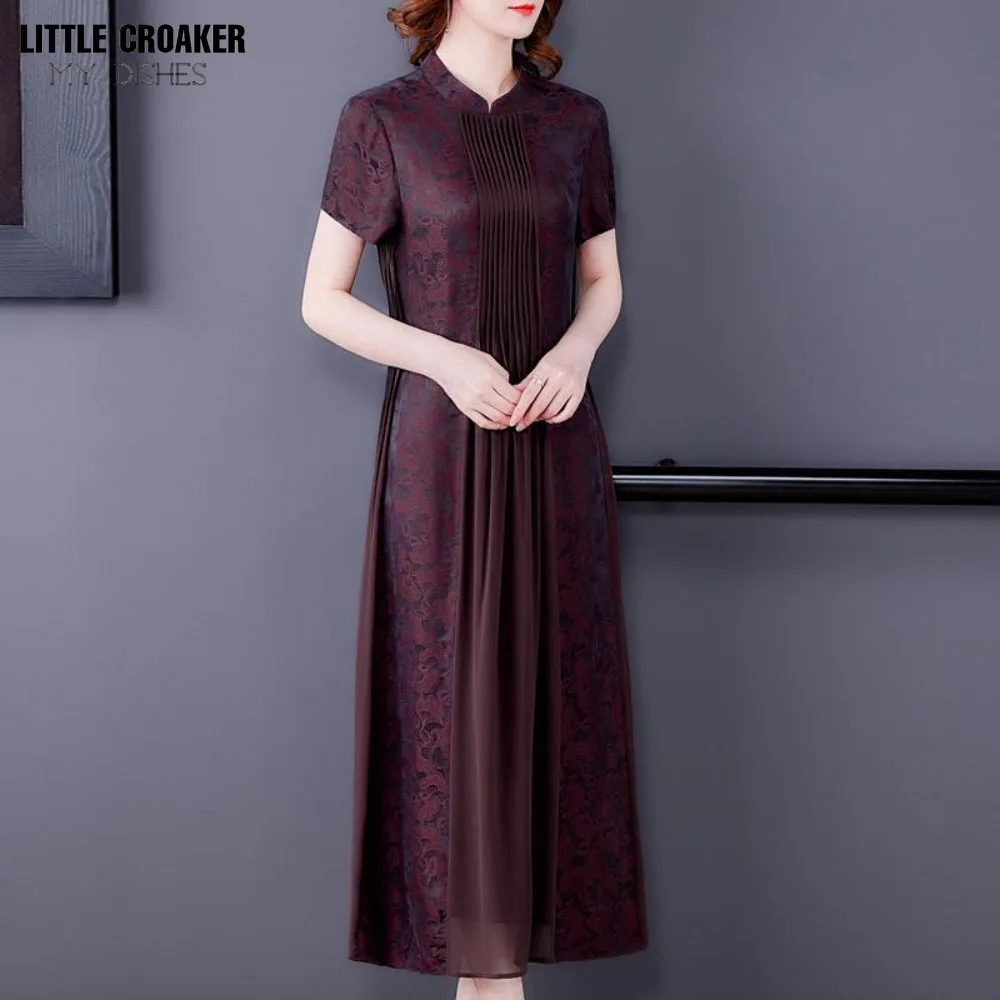 

Authentic Fragrant Cloud Yarn Spliced Cheongsam Dress for Women's Fashion Spring/Summer New Large Size Middle and Elderly Mom