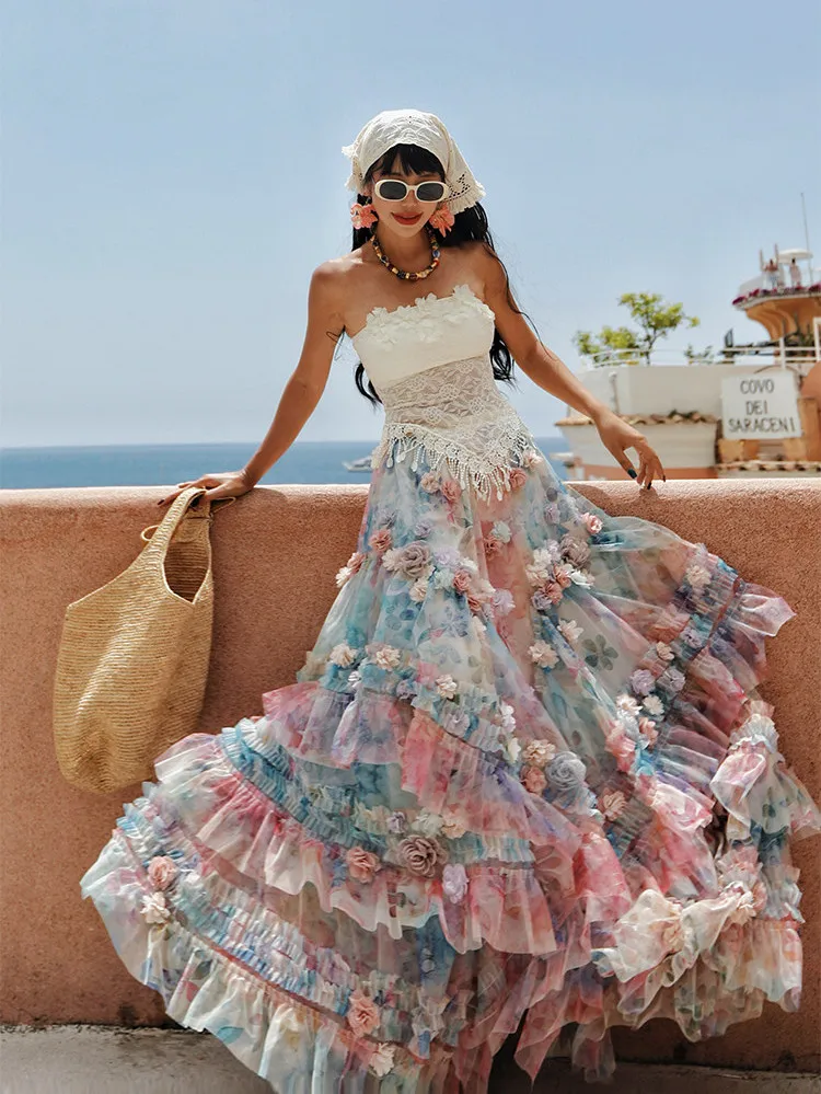 60-76cm Bust Spring Summer Holiday Skirts Women French Elegant Luxury 3D Flower Print Irregular Mesh Skirts Vacation Long Skirts