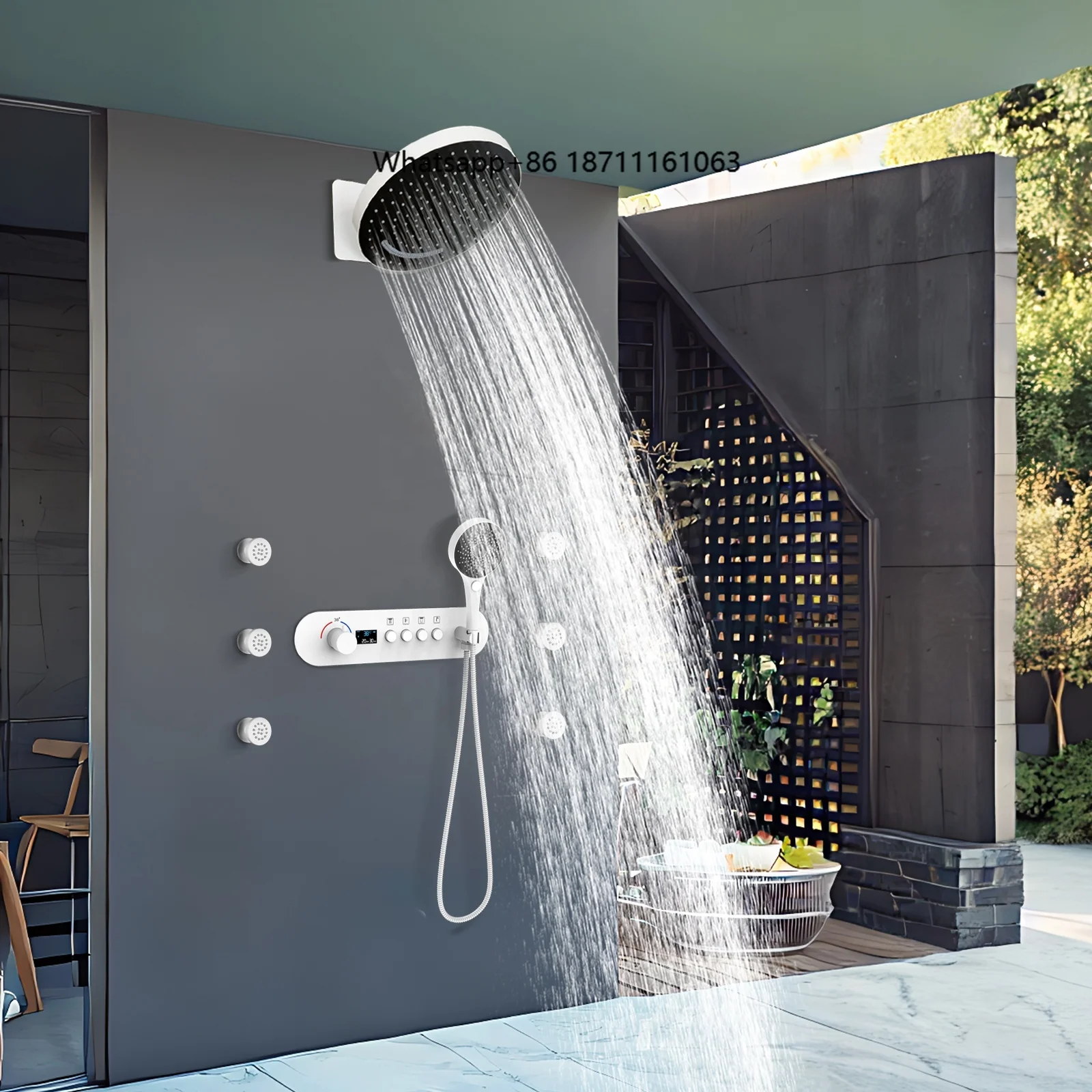White Rain Waterfall Shower Head Thermostatic Wall Mount Concealed Brass Bathroom Thermostatic Digital Display Shower System Set