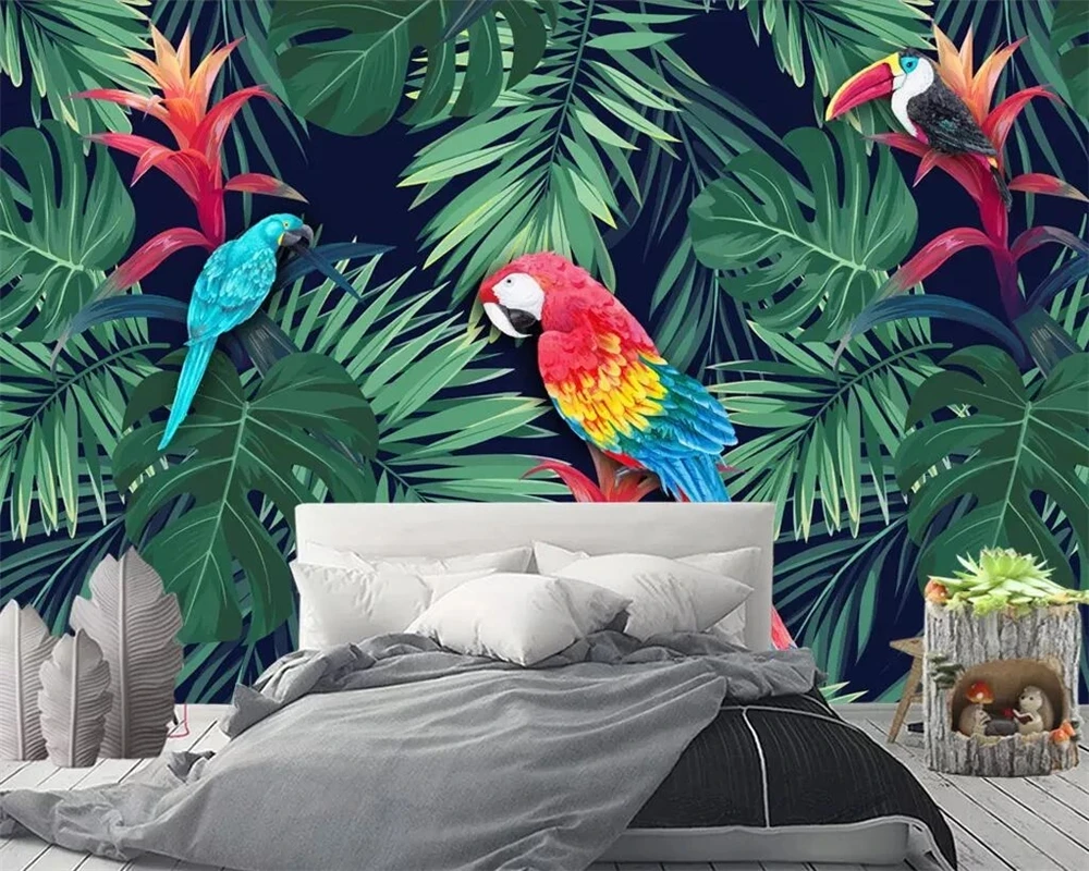  Customized wallpapers 3D Nordic tropical plant parrot mural home bedroom decor Living room TV background bedroom green leaf 8d