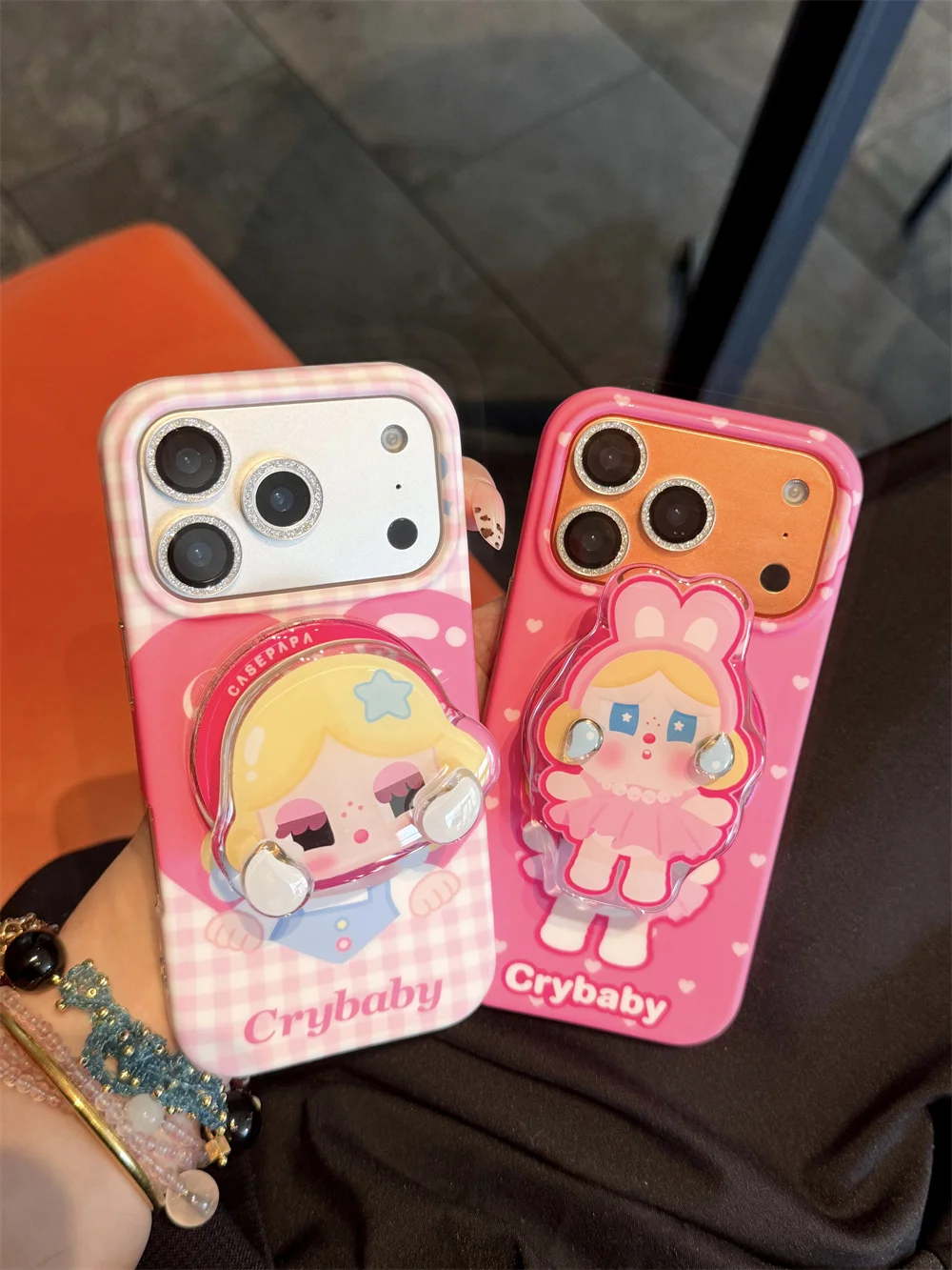 

Korean INS Grid Polka dots Cute Cry Girl With Magsafe Stand Phone Case For iPhone 17 Pro 13 14 15 16 Pro Max Cartoon Holder Case