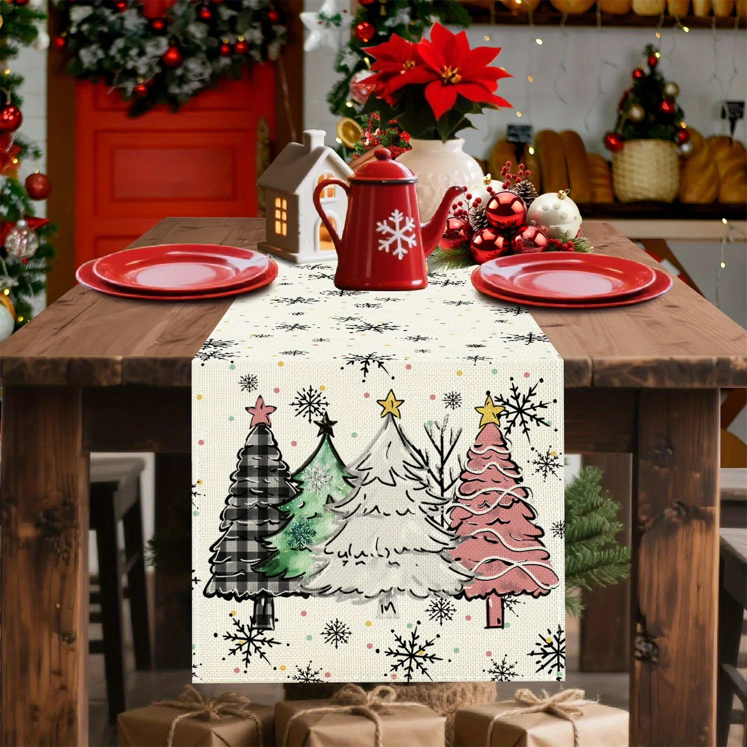 Colorful Christmas Table Runner | Polka Dot, Snowflake & Christmas Tree Design | Festive Dining Table, Kitchen, Party Home Setup
