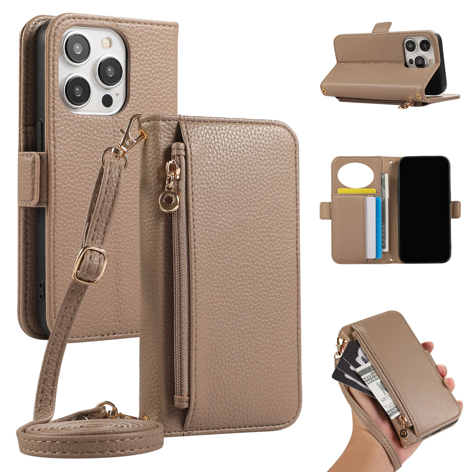 Crossbody Zipper Wallet With Card Holder Case for IPhone 18 17 16 15 14 13 12 Pro Max 16 Plus Mirror Makeup Leather Flip Cover