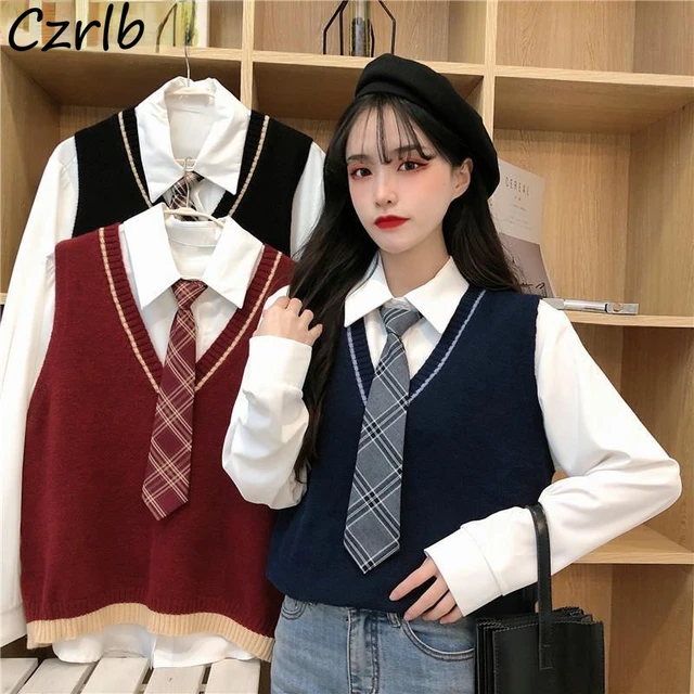 Sets Women Preppy Style Shirts Tie V neck Sweater Vest Sweet Girls Korean Loose All match Knitted Fashion 2 Piece Hipster Simple AliExpress