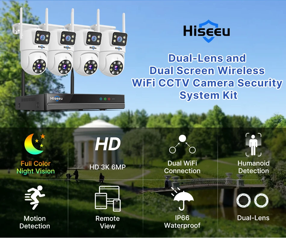 Hiseeu H.265 10CH NVR 3K 6MP Surveillance System Dual Lens Smart PTZ IP Camera Color Night Vision Auto Tracking WiFi CCTV System