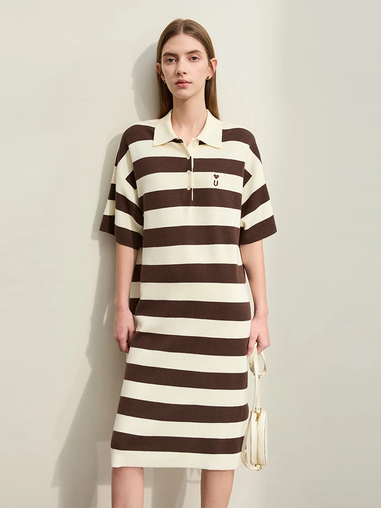 Amii Minimalism Embroidery Striped Dress for Women 2024 Spring New POLO Neck Half Drop Sleeves Casual Knit Dress Loose 12441280