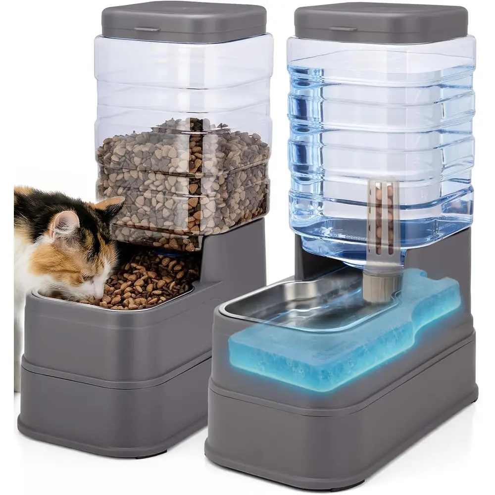 

Automatic Cat Feeder & 1.3 Gallon Gravity Dog Water Dispenser with Stainless Steel Bowls for Small to Large Pets (Grey)